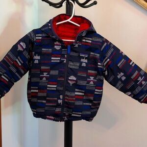 Patagonia 3T reversible hooded puffy jacket in red and blue turtle print